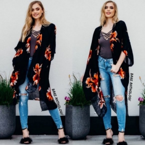 bohemian floral print open front kimono cover up - Picture 6 of 8